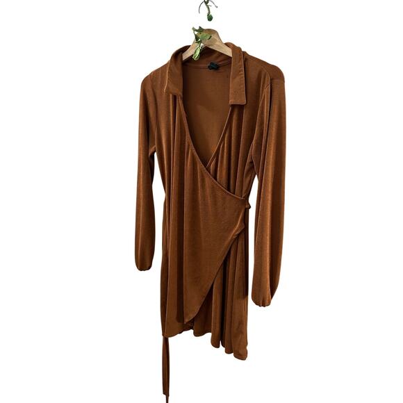 WILD FABLE Camel Long Sleeve Faux Wrap Belted Dress Draped Longline SIZE LARGE - Picture 5 of 7